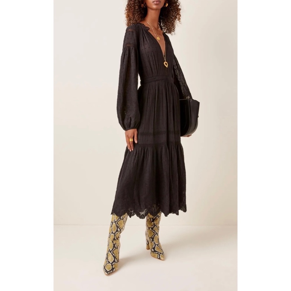 Ulla Johnson Size 6 Black Long Sleeve Eyelet Embroidered Lace Trim Midi Dress - Picture 4 of 13